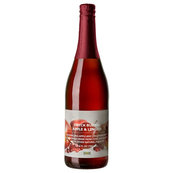 Bottle of red sparkling apple and lingonberry drink by IKEA. Label says DRYCK BUBBEL ÄPPLE & LINGON.