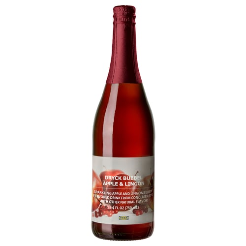 Bottle of red sparkling apple and lingonberry drink by IKEA. Label says DRYCK BUBBEL ÄPPLE & LINGON.