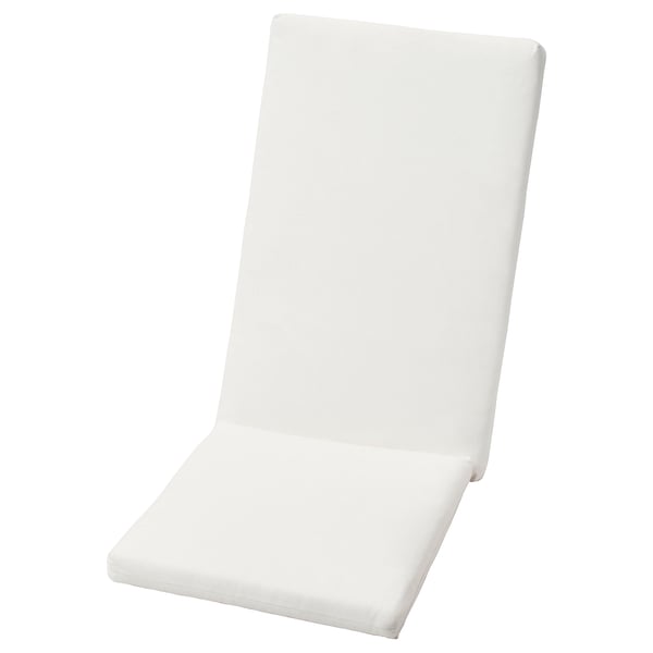Depicts a white DUVHOLMEN chair cushion with a smooth surface and a rectangular shape.