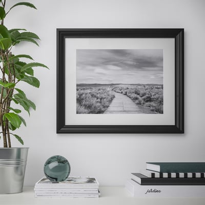 Black & white photo framed with mat, books & sphere on table, plant.