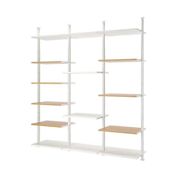 ELVARLI shelf: dual white aluminium frames, bamboo shelves, adjustable, modern, minimalist.