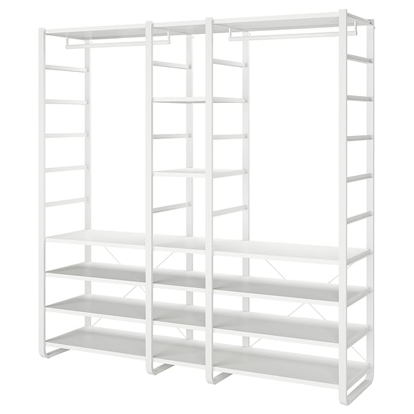 Displays the white ikea ELVARLI storage system, an adaptable shelving unit with multiple adjustable shelves, designed for versatile use.