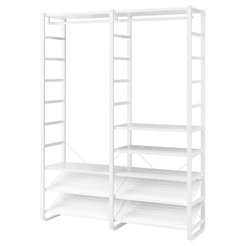 A white ELVARLI storage system. It multiple shelves and a clothes rail, with a modular and adjustable design for versatile use.