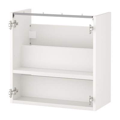 Ikea ENHET white wall cabinet; three open shelves, metallic hinges, rectangular.