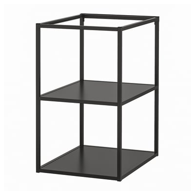 Black metal shelf unit, two tiers, minimalist design.