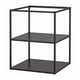 An ENHET open storage frame in black, featuring two shelves. Its made of galvanised steel with a powder coating and has a square, modern design.