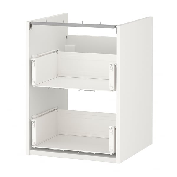 White ENHET base cabinet with 2 drawers. Minimalist design, sturdy particleboard, steel drawer parts.