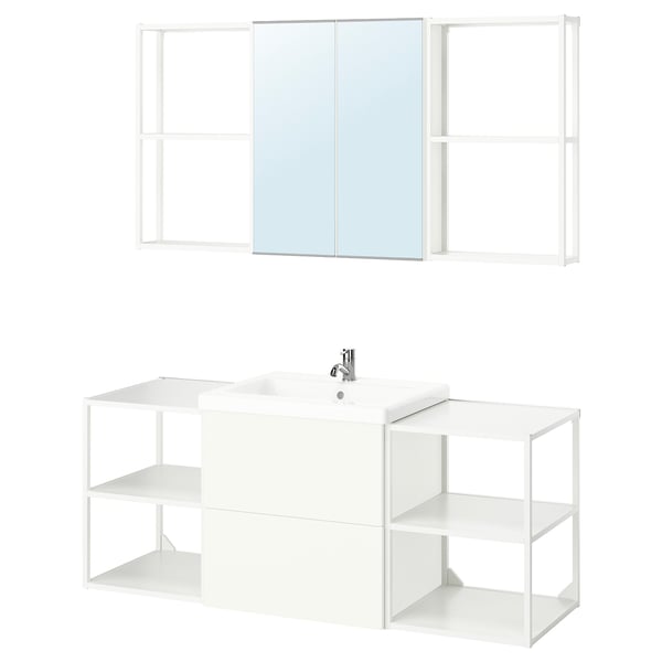 Modern white bathroom setup with sink vanity and mirrored cabinet from ikea ENHET collection. Minimalist design with open and closed storage.