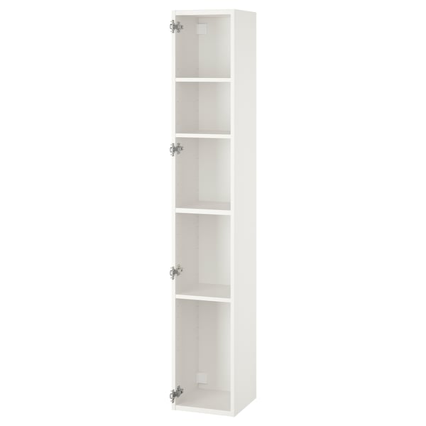 White ENHET tall cabinet with 4 shelves, wall-mountable, perfect for kitchen or bathroom storage.