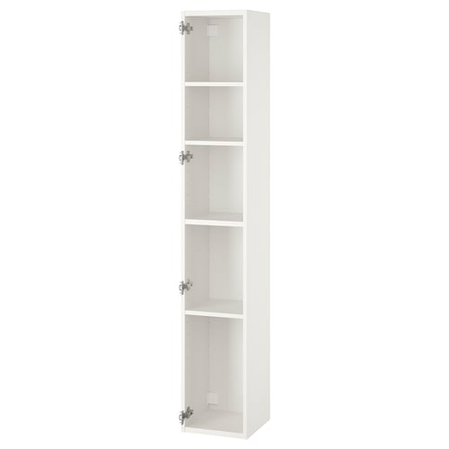 White ENHET tall cabinet with 4 shelves, wall-mountable, perfect for kitchen or bathroom storage.