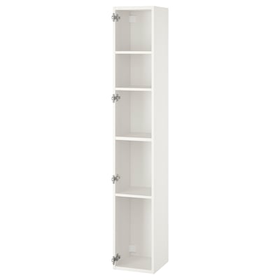White ENHET tall cabinet with 4 shelves, wall-mountable, perfect for kitchen or bathroom storage.