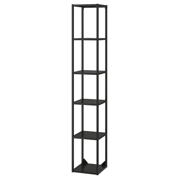 Black metal shelf unit with 5 shelves