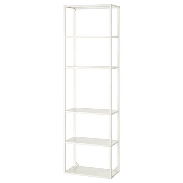 ENHET tall white metal shelf unit: 5 open shelves, modern, sleek design, metal frame.