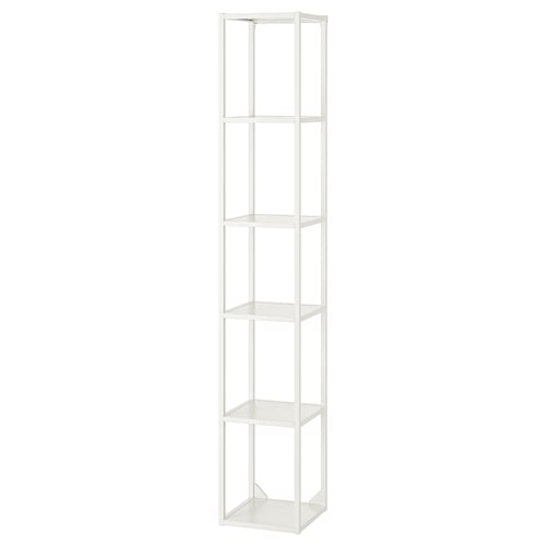 A white ENHET storage shelf with five clear glass shelves, designed for kitchen, bath, or laundry organisation.