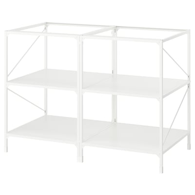 White ENHET metal kitchen island frame. Three-tiered design with open shelving.