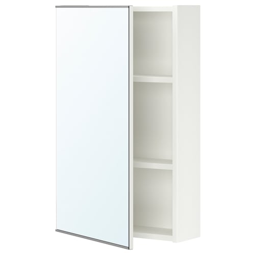 An ENHET mirror cabinet in white with two shelves. It has a modern design and is made of particleboard with a reflective glass door.
