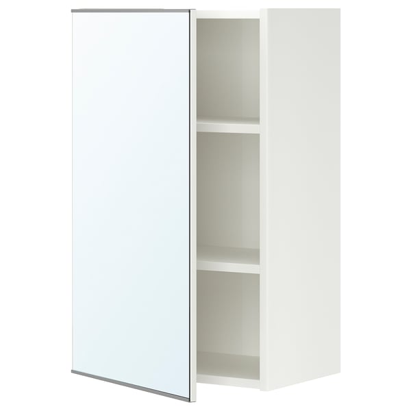 White ENHET bathroom cabinet with mirrored door and shelves.