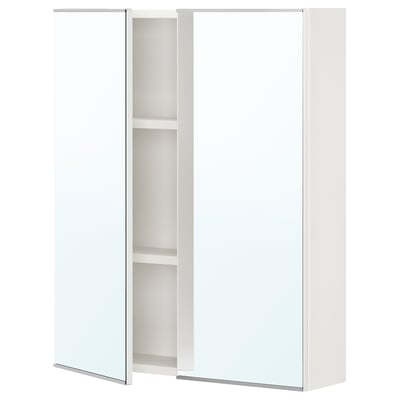 A white ENHET bathroom wall cabinet with mirror doors, offering storage and reflecting light for a spacious look.