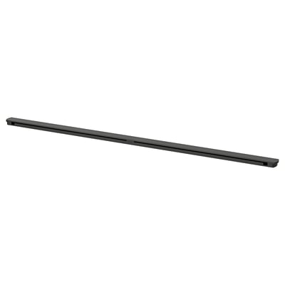 A black ENHET storage rail, made of powder-coated steel, designed for use in open shelving units.