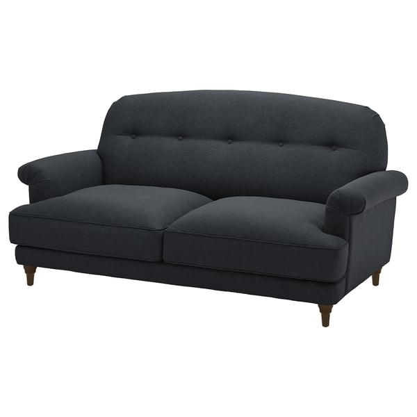 Dark grey ESSEBODA sofa, soft cotton blend fabric, classic design, high back, rolled arms, wooden legs.