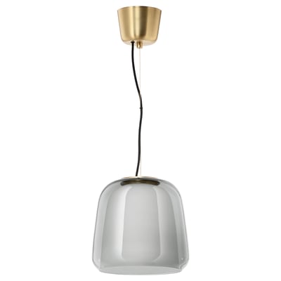 EVEDAL pendant lamp with brass finish, white glass shade, hanging cord.