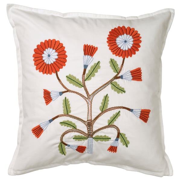 FACELIOR white cushion with orange flowers, green leaves, embroidered cotton. Square shape.