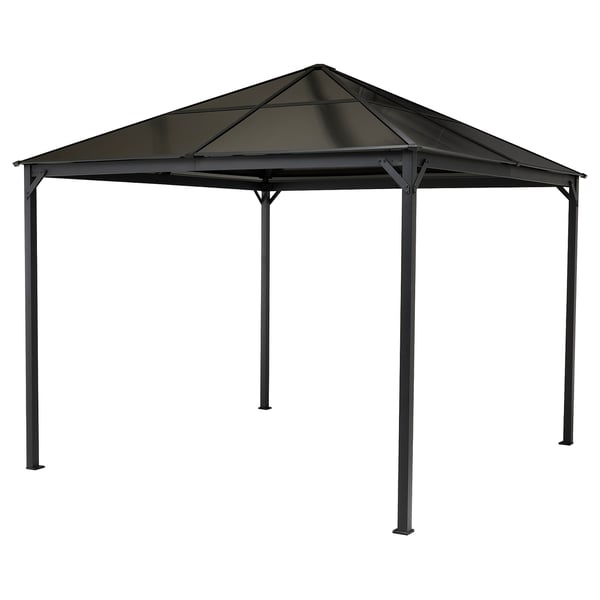 The FÅGELÖN gazebo, black, modern design with steel frame and polycarbonate panels.