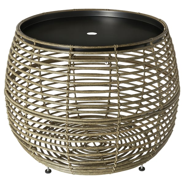 FÅLSKÄR outdoor table, light grey, woven plastic rattan, round, adjustable feet, hidden storage.
