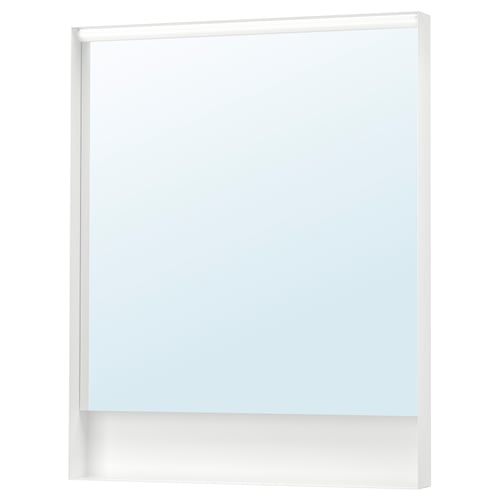 FAXÄLVEN mirror: rectangular, white, steel frame, integrated lighting.