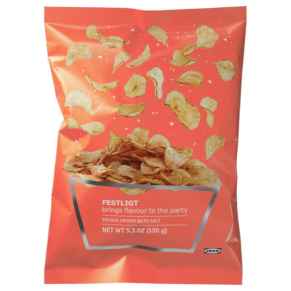Orange bag of FESTLIGT potato crisps with salt, with crisps spilling out.