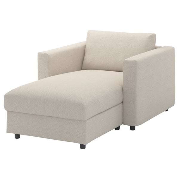 Light beige FINNALA chaise lounge, sleek design, upholstered in recycled polyester, clean lines.