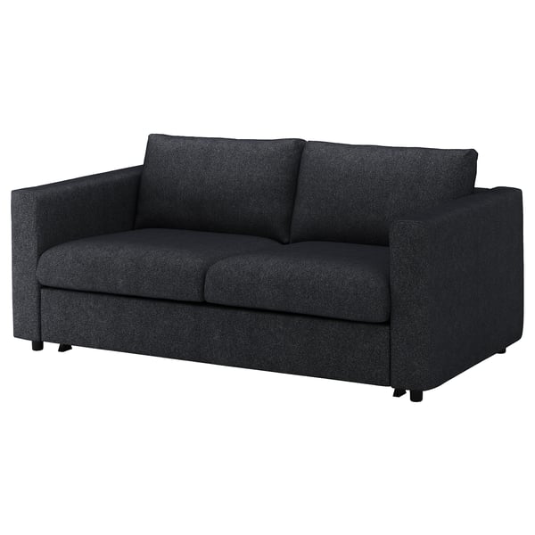 FINNALA grey sofa, modern design, dark fabric, square shape, convertible to bed.