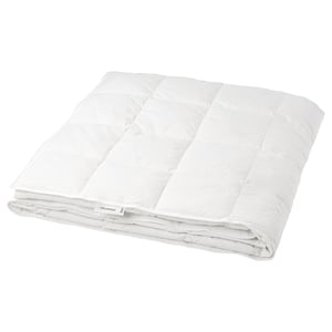 A FJÄLLBRÄCKA white duvet with a box-stitch pattern, made from cotton and filled with duck down and feathers.