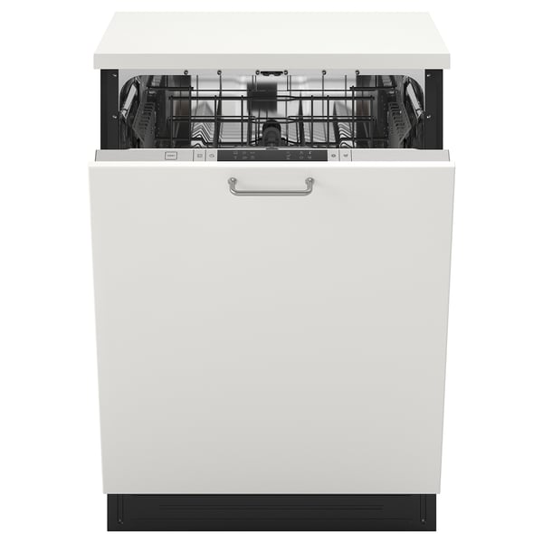 White dishwasher with silver handle; fully integrated, tall interior, efficient design.