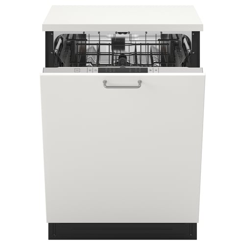 White dishwasher with silver handle; fully integrated, tall interior, efficient design.