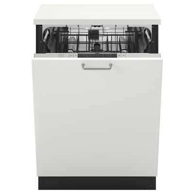 White dishwasher with silver handle; fully integrated, tall interior, efficient design.