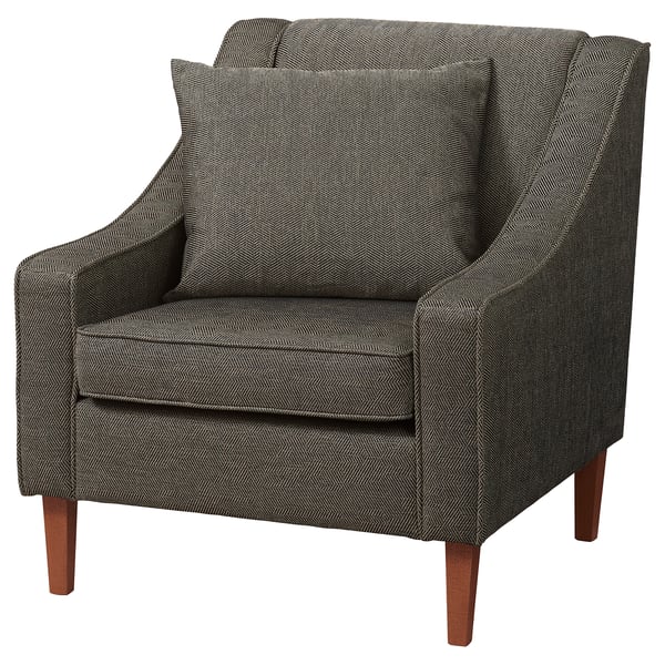 A FLINSHULT armchair in dark grey with a patterned fabric cover, wooden legs, and sloping armrests.