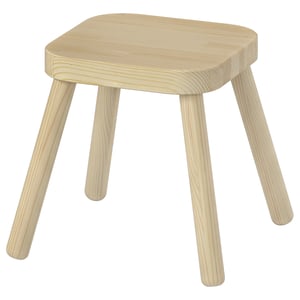 Light-colored wooden FLISAT stool, square seat, four round legs.