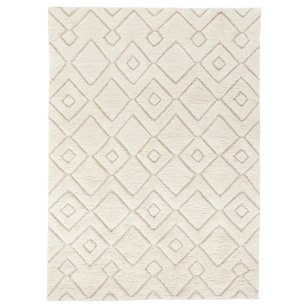 FLYGVÄG: cream hand-woven wool rug with cotton, featuring geometric diamond patterns.