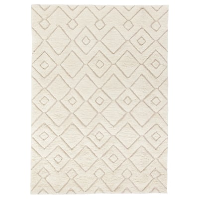 FLYGVÄG: cream hand-woven wool rug with cotton, featuring geometric diamond patterns.