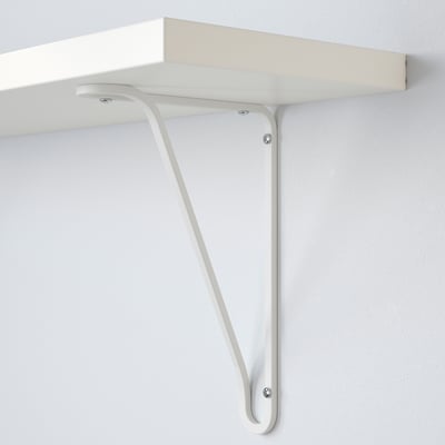 Wall-mounted white metal bracket holding a white shelf. Sturdy, clean design, securely fastened with two visible screws.