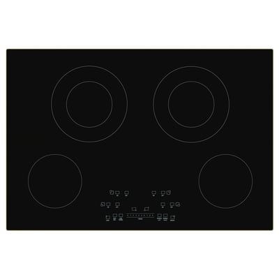 A black electric cooktop with 4 burners and a digital control panel. Its sleek, modern, and has touch control for heat adjustment.