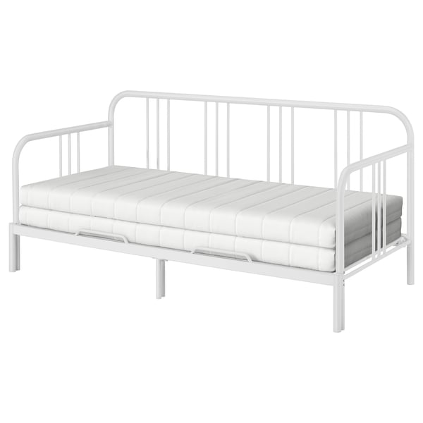 FYRESDAL white metal day-bed, slim design, convertible sofa single/double, padded mattress.