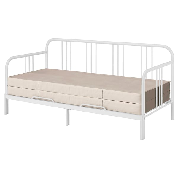 White metal day-bed with beige mattress, vertical slats, modern minimal design.