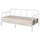 White metal day-bed with beige mattress, vertical slats, modern minimal design.