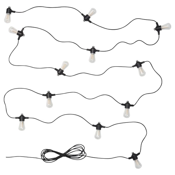 Image displays black GARDJÄRN string lights with 10 clear bulbs, perfect for outdoor decor.