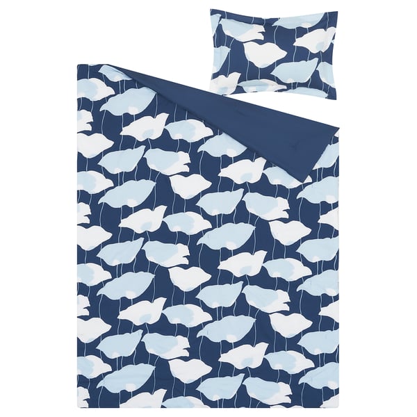 Navy blue floral bedding set with poppies, 1 comforter & 1 sham, cotton & viscose.