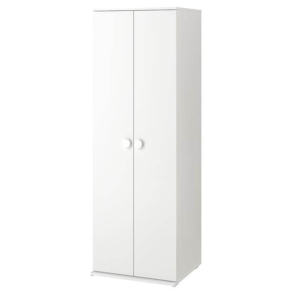 White GODISHUS wardrobe with 2 doors, clothes rail, and shelves. Made of particleboard and melamine foil.