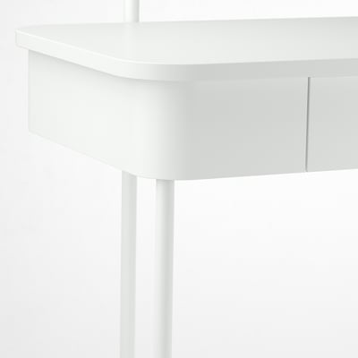 White dressing table with rounded edges and metal legs; part of the GRÅFJÄLLET series, known for its industrial style and durable design.