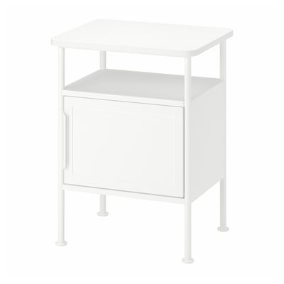 GRÅFJÄLLET white bedside table with open shelf and cabinet, metal legs, industrial design.